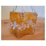 Vintage Handbag theme Art Glass Vase / Murano style / (amber with white floral etching)