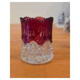 Early American Pattern Glass Souvenier Toothpick Holder / Etched with Fisher Minnesota pattern
