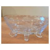 Vintage Footed Oval Etched Cut Glass Crystal Candy Dish, Indiana Glass Diamond 3-Toed Crystal Bowl, Pressed Glass Fruit/Dessert Bowl