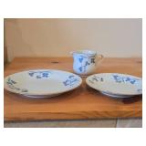 Lot of (3) Porcelain Dinnerwares by Porsgrund (Norway) / Blue Floral Design with Brown Trim / - 8" Plate, 6-3/4" Salad Plate, Creamer 3" x 3-1/4"