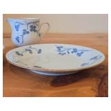 Lot of (3) Porcelain Dinnerwares by Porsgrund (Norway) / Blue Floral Design with Brown Trim / - 8" Plate, 6-3/4" Salad Plate, Creamer 3" x 3-1/4"