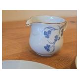 Lot of (3) Porcelain Dinnerwares by Porsgrund (Norway) / Blue Floral Design with Brown Trim / - 8" Plate, 6-3/4" Salad Plate, Creamer 3" x 3-1/4"