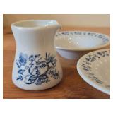 Vintage Porcelain Bowls (x2) and Creamer Jug by Porsgrund (Norway) / Blue Floral pattern