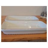 Lot of (2) Vintage Oven-Proof Porcelain Dishes by Porsgrund (Norway) / Red Striped Design + Ribbed Underside / (rectangle)