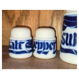 Vintage Porcelain Sukker Sugar Shaker + Salt and Pepper Shakers (x2) by Porsgrund (Norway) (blue and white)
