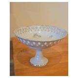 Vintage Pedestal Compote Bowl by Lefton (Japan) - Reticulated Border + Gold Painted Accents Finish Porcelain