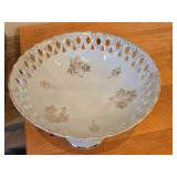Vintage Pedestal Compote Bowl by Lefton (Japan) - Reticulated Border + Gold Painted Accents Finish Porcelain