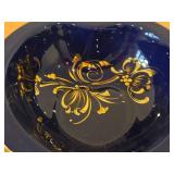 Vintage Trinket Dish by Porsgrund (Norway) / Gold Painted Floral design / (cobalt blue) (heart shape)