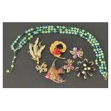 LL - Vintage Green Beaded Necklace & 7 Vintage Brooches - 13 in Length