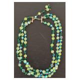 LL - Vintage Green Beaded Necklace & 7 Vintage Brooches - 13 in Length