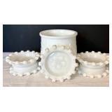 Milk Glass Vase & 5 Coasters - 4 1/4 in Tall, 4 1/4 in Dia