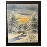 DR - Artistic Interiors Original Oil Painting - Winter Scene with Snowy Pines & Bridge, 8 x 10 in