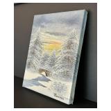DR - Artistic Interiors Original Oil Painting - Winter Scene with Snowy Pines & Bridge, 8 x 10 in