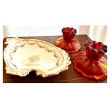 DR - Laughlin Dish & Amberina Candle Holders