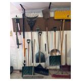 Assorted Garden Tools - Shovels, Rakes & Brooms