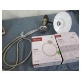 Shower head, light and towel rings...