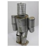 Tin Can Robot Sculpture - Vintage Metal Art Figurine with Chain ~20"