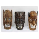 Hand-Carved Demon Masks - 3 Wooden Masks for Display Approximately 12"Tall