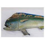 Decorative Painted Wooden Fish Sculpture - Green/Blue Speckled Display Model 33"L
