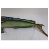 Decorative Painted Wooden Fish Sculpture - Green/Blue Speckled Display Model 33"L
