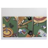Three-Panel Casino Gaming Wall Art Triptych - Roulette, Cards & Pool Cues Canvas ~25" x ~13"