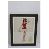 Framed Vintage Pin-Up Calendar Print - Santa Girl in Red Velvet Dress, December 14.5" x 11.5"