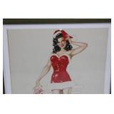 Framed Vintage Pin-Up Calendar Print - Santa Girl in Red Velvet Dress, December 14.5" x 11.5"