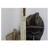Pair of Hand-Carved Wooden Tribal Masks with Gold Inlay - 2-Piece Set