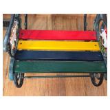Ornate Cast-Iron Garden Chair - Rainbow Wood Slats (Red, Yellow, Navy, Green) With Duck Motif
