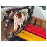 Ornate Cast-Iron Garden Chair - Rainbow Wood Slats (Red, Yellow, Navy, Green) With Duck Motif