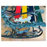 Ornate Cast-Iron Garden Chair - Rainbow Wood Slats (Red, Yellow, Navy, Green) With Duck Motif
