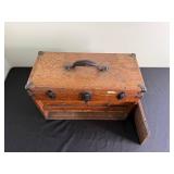 Antique Wooden Tool Box with Leather Handle and Multi-Drawer Cabinet