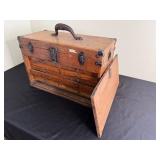 Antique Wooden Tool Box with Leather Handle and Multi-Drawer Cabinet