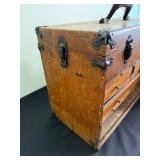 Antique Wooden Tool Box with Leather Handle and Multi-Drawer Cabinet