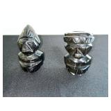 VTG Black Soapstone Tiki Warrior Figures - Pair, Carved Stone Polynesian Decor