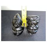 VTG Black Soapstone Tiki Warrior Figures - Pair, Carved Stone Polynesian Decor