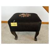 Floral Needlepoint Ottoman - Black Upholstery, 14 in W x 18 in D x 15 in H