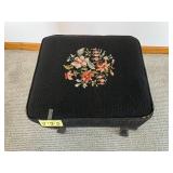 Floral Needlepoint Ottoman - Black Upholstery, 14 in W x 18 in D x 15 in H