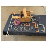 Assorted Woodworking Clamps - C-Clamps, Bar Clamps & Quick-Grips in Wooden Box