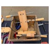 Assorted Woodworking Clamps - C-Clamps, Bar Clamps & Quick-Grips in Wooden Box