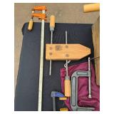 Assorted Woodworking Clamps - C-Clamps, Bar Clamps & Quick-Grips in Wooden Box