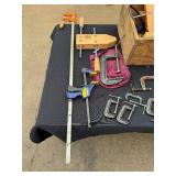 Assorted Woodworking Clamps - C-Clamps, Bar Clamps & Quick-Grips in Wooden Box