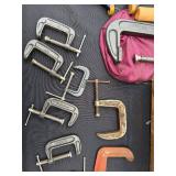 Assorted Woodworking Clamps - C-Clamps, Bar Clamps & Quick-Grips in Wooden Box