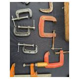 Assorted Woodworking Clamps - C-Clamps, Bar Clamps & Quick-Grips in Wooden Box