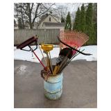 Assorted Garden Tools in Blue Metal Bucket - Rakes, Shovels & More