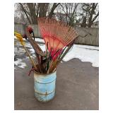 Assorted Garden Tools in Blue Metal Bucket - Rakes, Shovels & More