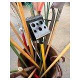 Assorted Garden Tools in Blue Metal Bucket - Rakes, Shovels & More