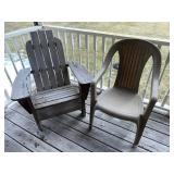 Weathered Adirondack Wood Chair & Beige Plastic Woven-Back Chair - Outdoor Patio Pair