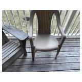 Weathered Adirondack Wood Chair & Beige Plastic Woven-Back Chair - Outdoor Patio Pair