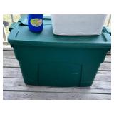 Coleman Cooler with Blue Lid, Water Jug & Green Storage Tote